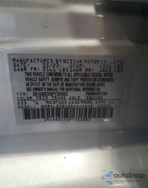 2023 Nissan Sentra Sv from USA, damaged, VIN 3N1AB8CV5PY285883